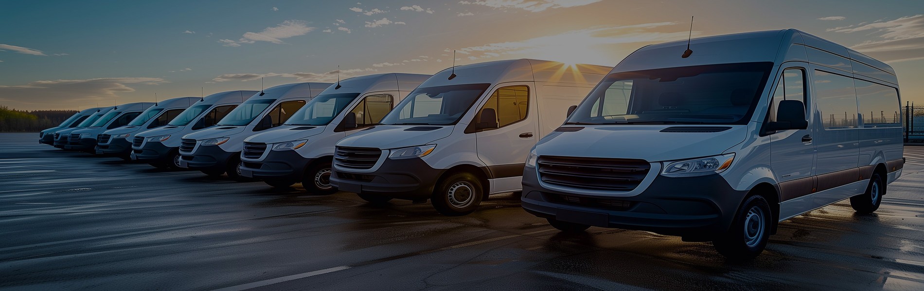 Commercial fleet of white vans lined up at sunset