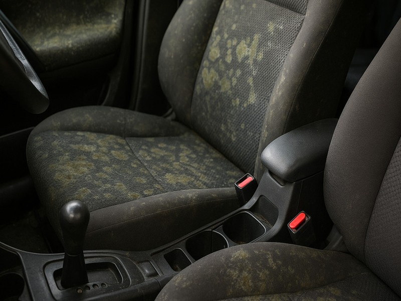 Car interior with mold damage showing restoration process