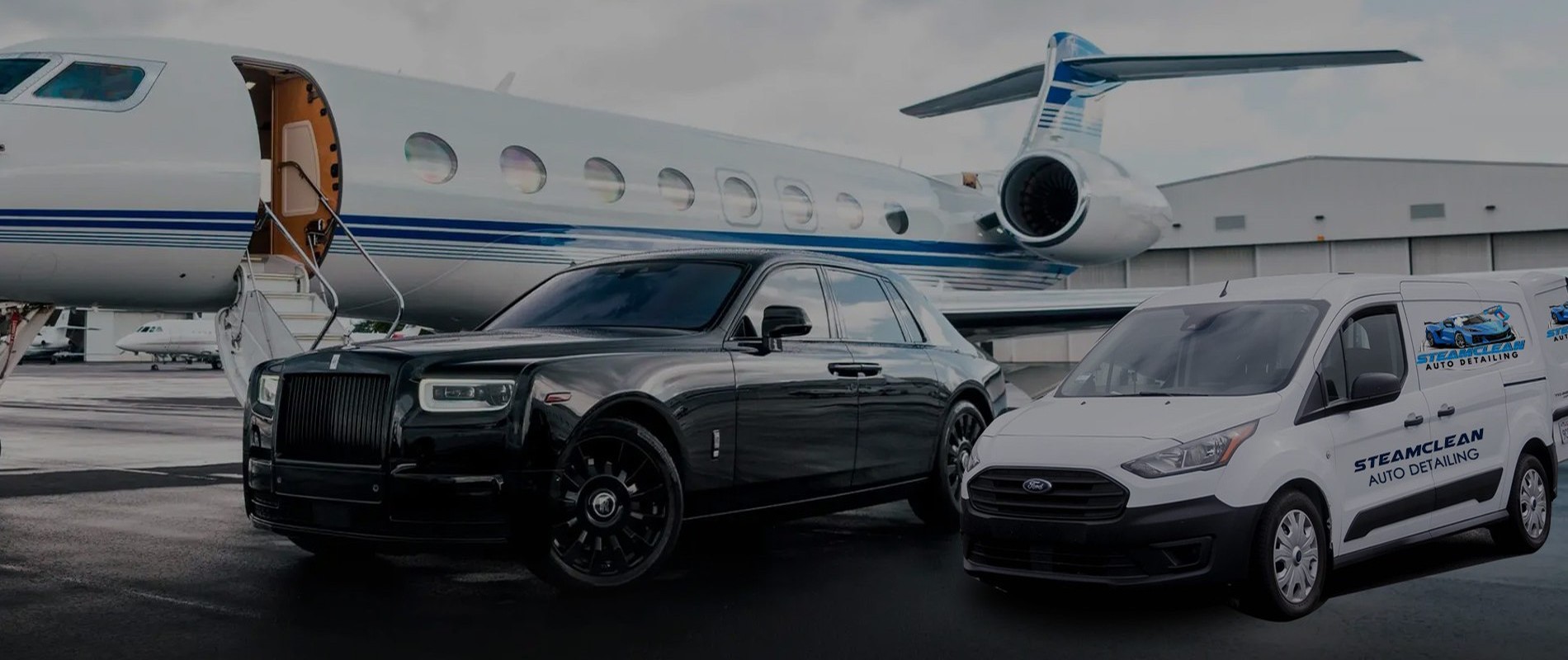 Commercial airplane on runway at sunset with orange sky
