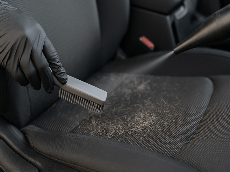 Professional brush removing embedded pet hair from car seat